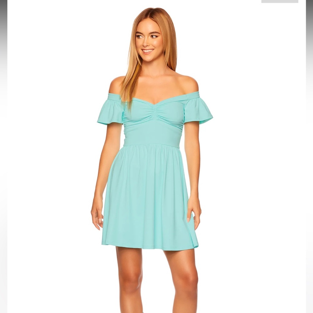 Susana Monaco Mint Creme Off Shoulder Gathered Front Dress